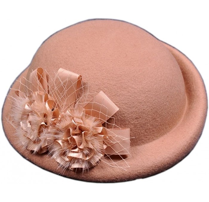 Skullies & Beanies Womens 100% Wool Veil Flower Pillbox Hat Winter Hat Crimping Beanie Hat - Light Tan - CU18776ERK2 $37.08