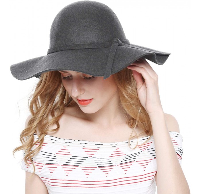 Fedoras Women 100% Wool Wide Brim Cloche Fedora Floppy hat Cap - Grey - CB18IL63MEG $37.79