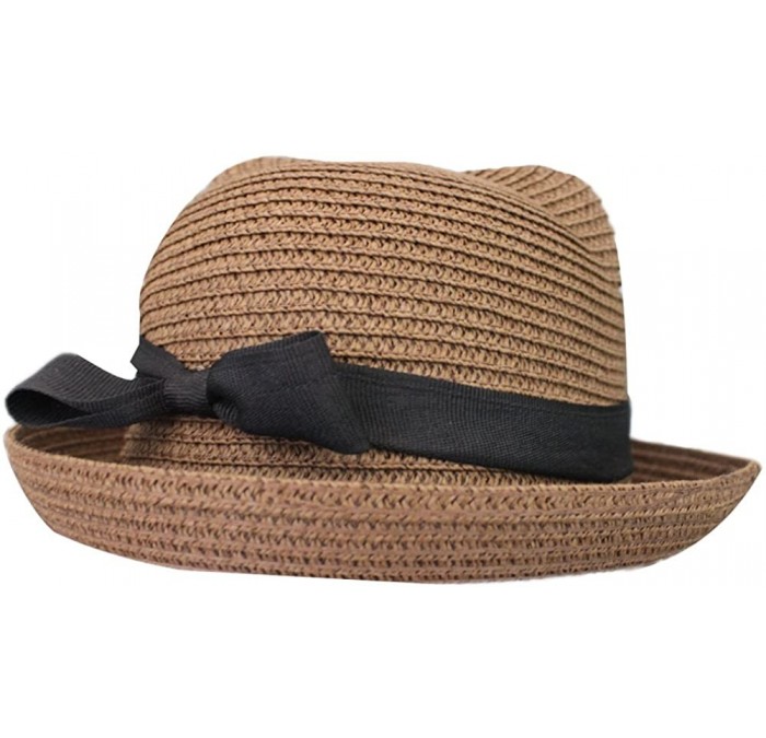 Sun Hats Women Vintage Cat Ear Bowler Straw Hat Sun Summer Beach Roll-up Bowknot Cap Hat - Coffee - C612DOGX19F $19.77