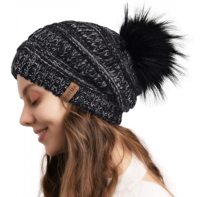 Skullies & Beanies Womens Winter Knit Slouchy Beanie Hat Warm Skull Ski Cap Faux Fur Pom Pom Hats for Women - CM18UERTMMD $23.29