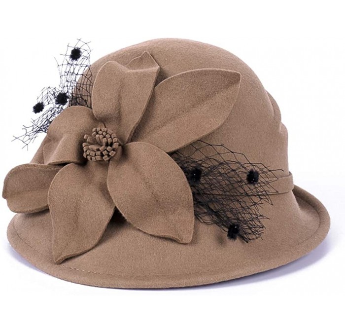 Fedoras Women's Floral Trimmed Wool Blend Cloche Winter Hat - Model C - Beige - CX192MXSDHQ $25.53
