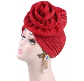 Skullies & Beanies Shiny Flower Turban Shimmer Chemo Cap Hairwrap Headwear Beanie Hair Scarf - Red - CS18ZW5EUKL $10.70