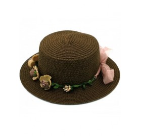 Sun Hats Women Summer Straw Boater Hat Beach Round Top Caps Wedding Flower Garland Band - Coffee - CC183LNXHD5 $10.40