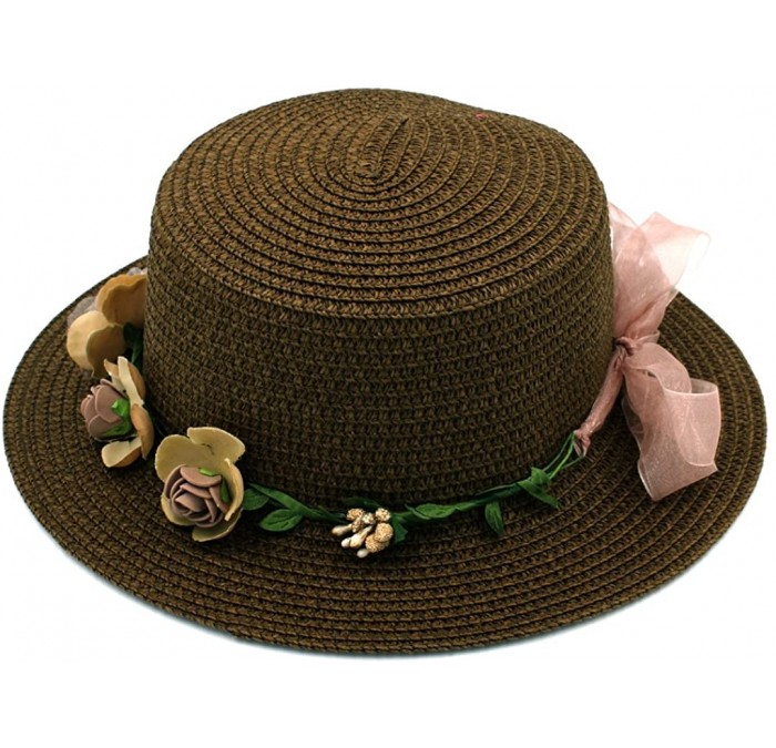 Sun Hats Women Summer Straw Boater Hat Beach Round Top Caps Wedding Flower Garland Band - Coffee - CC183LNXHD5 $21.33