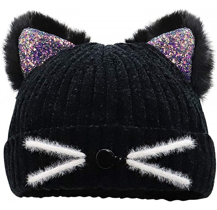 Skullies & Beanies Winter Hats for Women Kid Chenille Cat Ear Hat Warm Beanie Hat Ski Cap - Kids_black - C518XACLYNN $20.93