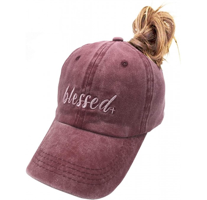 Baseball Caps Blessed Ponytail Hat Messy Bun Vintage Washed Distressed Twill Plain Baseball Cap for Women - Red - C518XASL3T4...