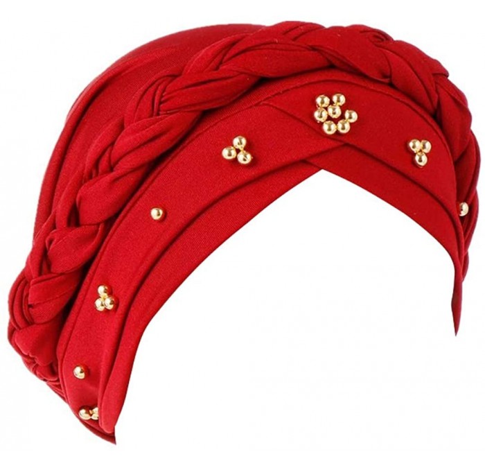 Skullies & Beanies Twisted Beading Braid Chemo Cancer Turbans Cap Hair Cover Wrap Turban Hats Headwear for Women - Red - C418...