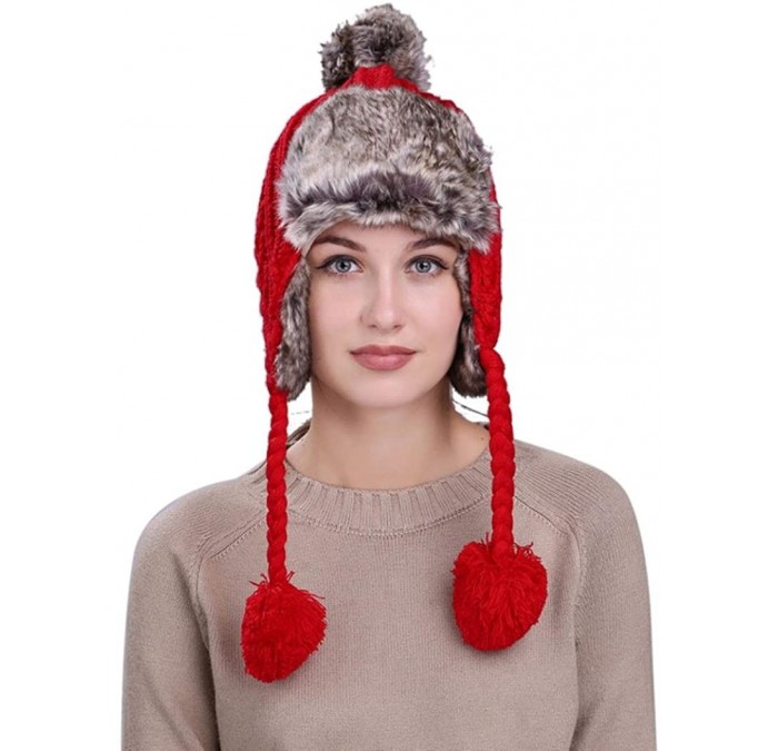 Skullies & Beanies Warm Women Winter Hat with Ear Flaps Snow Ski Thick Knit Wool Beanie Cap Hat - Red 2 - CX1880M4CCI $25.23