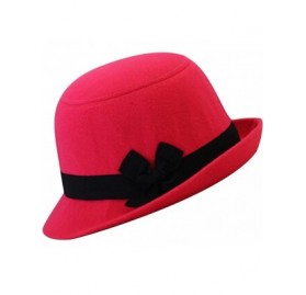 Fedoras Women's Candy Color Wool Rool Up Bowler Derby Cap Cat Ear Hat - Black Bow Light Rose - CO11PL6Z2LH $9.80