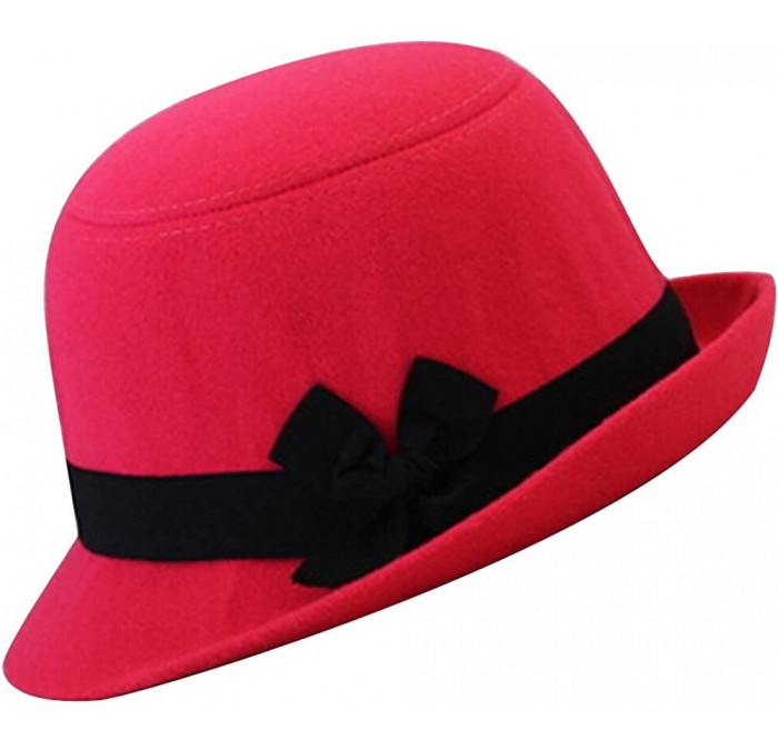 Fedoras Women's Candy Color Wool Rool Up Bowler Derby Cap Cat Ear Hat - Black Bow Light Rose - CO11PL6Z2LH $9.80