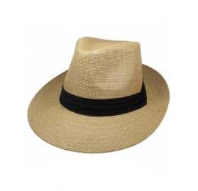 Fedoras Wide Brim Summer Fedora Panama Straw Hats with Black Band - Tan - CT18CW6ND9O $11.56
