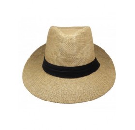 Fedoras Wide Brim Summer Fedora Panama Straw Hats with Black Band - Tan - CT18CW6ND9O $11.56