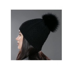 Skullies & Beanies Womens Winter Bobble Hat Unisex Wool Knit Beanie Cap with Fur Ball Pompom - Black With Fox Fur Pompom - CD...