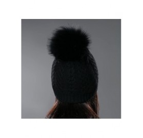 Skullies & Beanies Womens Winter Bobble Hat Unisex Wool Knit Beanie Cap with Fur Ball Pompom - Black With Fox Fur Pompom - CD...