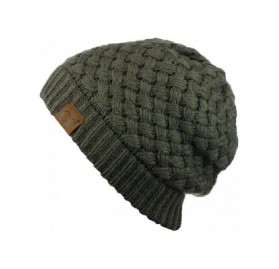 Skullies & Beanies Basketweave Knit Warm Inner Lined Soft Stretch Skully Beanie Hat - Dark Olive - CV186YUTHKT $17.33