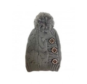 Skullies & Beanies Women Winter Faux Fur Pom Beanie Hat w/Warm Fleece Lined Thick Skull Ski Cap - Button Style - Grey - CA18L...
