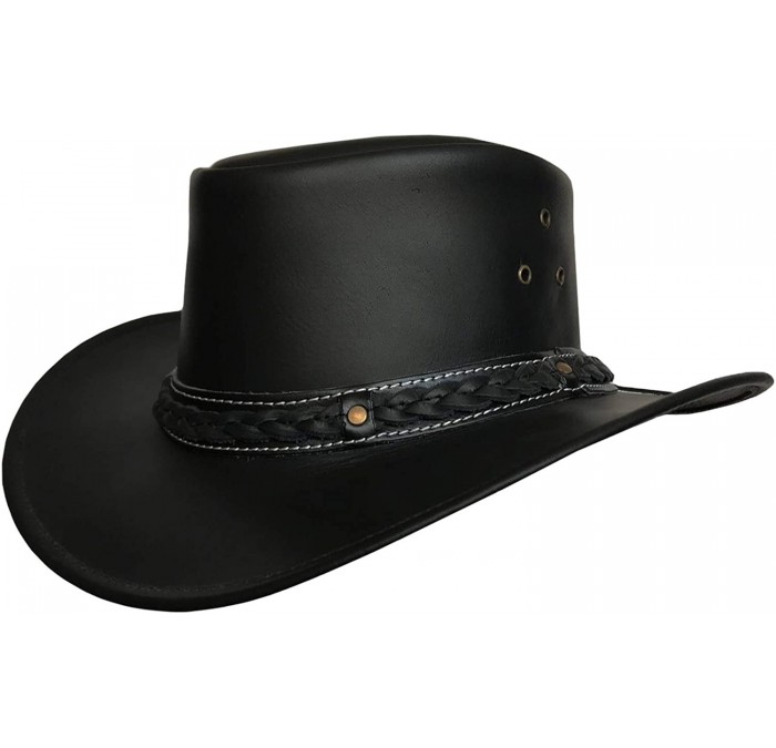 Cowboy Hats Mens Leather Cowboy Hat Down Under Outback Wide Brim Black/Brown - Black - C312NUTFBG5 $90.25