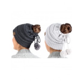 Skullies & Beanies Women's Ponytail Messy Bun Beanie Ribbed Knit Hat Cap with Adjustable Pom Pom String (2 Pack - Charcoal & ...