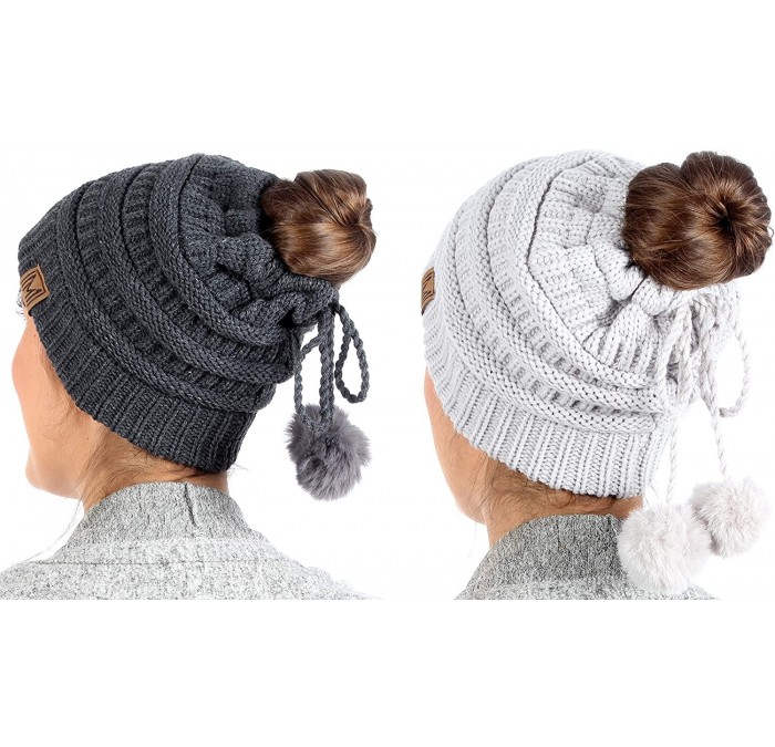 Skullies & Beanies Women's Ponytail Messy Bun Beanie Ribbed Knit Hat Cap with Adjustable Pom Pom String (2 Pack - Charcoal & ...