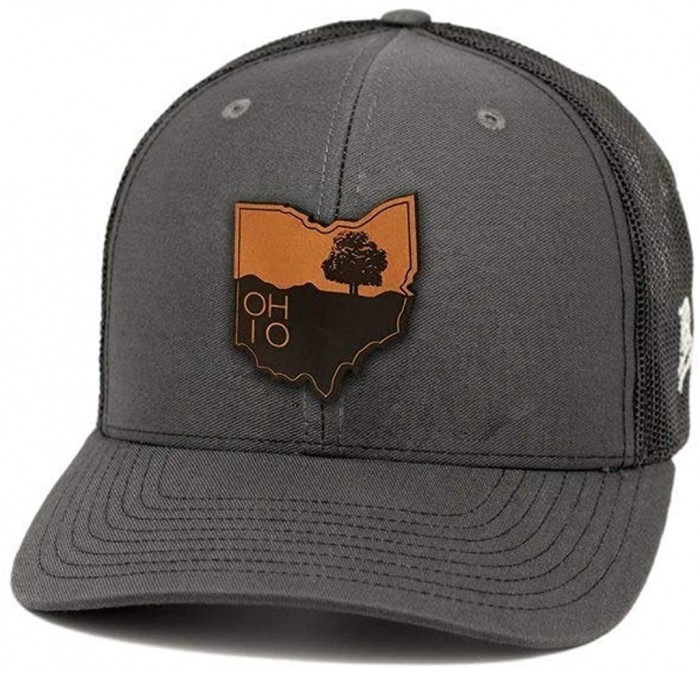 Baseball Caps Ohio 'The Buckeye' Leather Patch Hat Curved Trucker - Charcoal/Black - CT18IGQ3XHQ $48.76