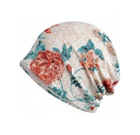 Skullies & Beanies Womens Cotton Beanie Lace Turban Soft Sleep Cap Chemo Hats Fashion Slouchy Hat - Beige Peony - C818RO3XT0H...