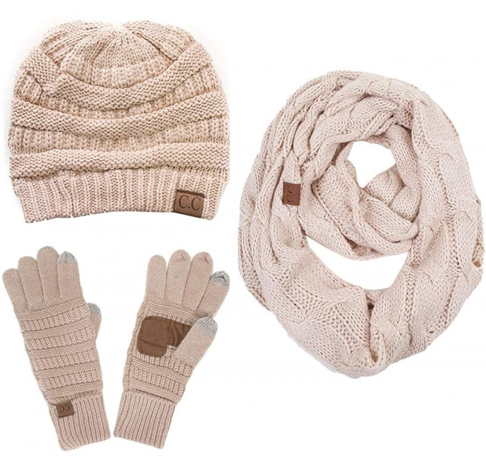 Skullies & Beanies 3pc Set Trendy Warm Chunky Soft Stretch Cable Knit Beanie Scarves Gloves Set - New Beige - C418ZLG5KN2 $99.69