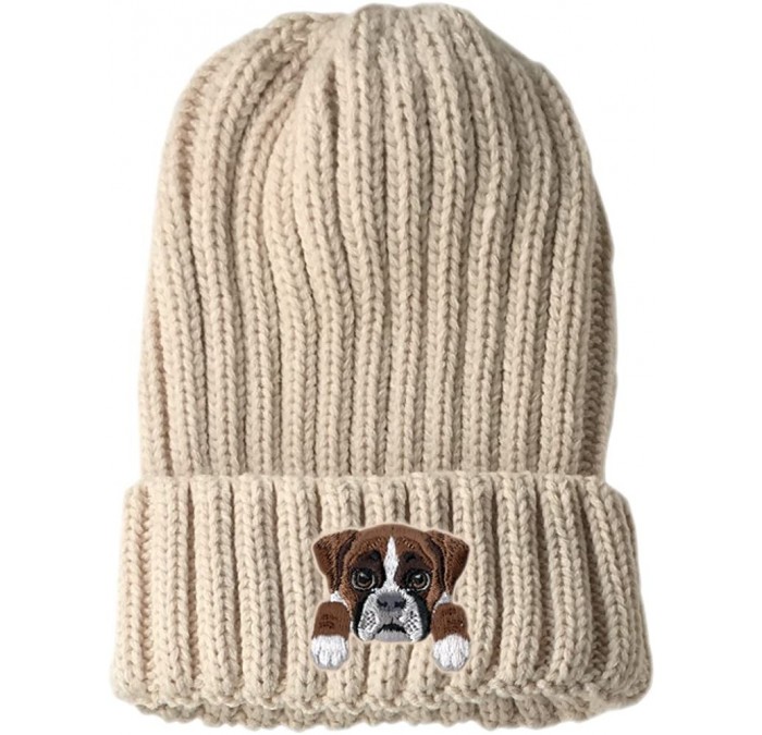 Skullies & Beanies [ Boxer Dog ] Cute Embroidered Puppy Dog Warm Knit Fleece Winter Beanie Skull Cap - Beige - CK189RQU8C5 $2...