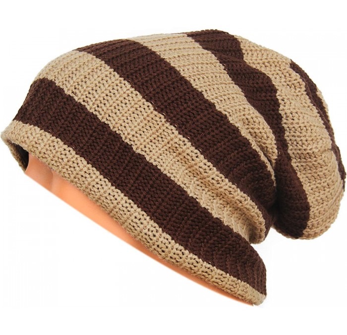 Skullies & Beanies Unisex Beanie Hat Slouchy Knit Cap Skullcap Stripe Baggy Style 1002 - Khaki - C7128MYT7L5 $18.10