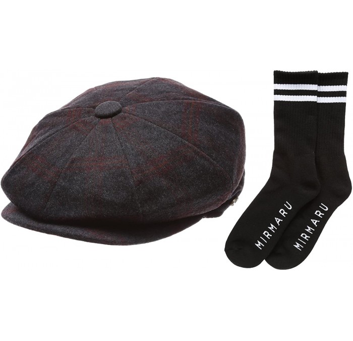 Newsboy Caps Men's Premium 100% Wool 8Panels Plaid Herringbone Newsboy Hat with Socks. - 2320-greyred - CX12N1WK3HM $36.85