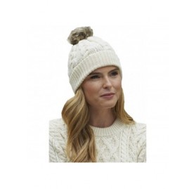 Skullies & Beanies Women's Irish Cable Knitted Soft Pom Faux Fur Hat (100% Merino Wool) - Natural - CT18L4ZRSDX $27.58