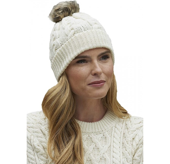 Skullies & Beanies Women's Irish Cable Knitted Soft Pom Faux Fur Hat (100% Merino Wool) - Natural - CT18L4ZRSDX $52.41