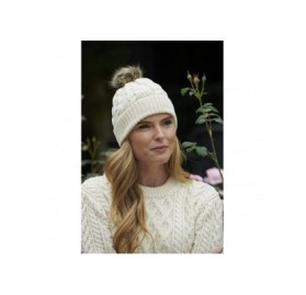 Skullies & Beanies Women's Irish Cable Knitted Soft Pom Faux Fur Hat (100% Merino Wool) - Natural - CT18L4ZRSDX $27.58