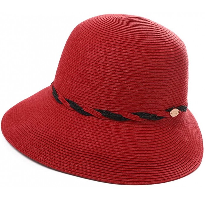 Sun Hats Womens Summer Sun Beach Straw Hats UPF Protective Panama Fedora Outdoor Patio - 00011_red - CU18SQOE9IT $13.76