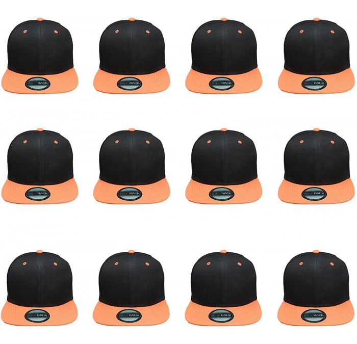 Baseball Caps Plain Blank Flat Brim Adjustable Snapback Baseball Caps Wholesale LOT 12 Pack - Black/Orange - CX186KHU8ZK $49.45