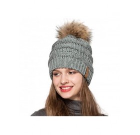 Skullies & Beanies Women Winter Knitted Beanie Pompom Hat Warm Solid Skull Ski Caps Real Raccoon Fur Ball Furry Acrylic - Gre...