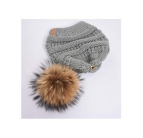 Skullies & Beanies Women Winter Knitted Beanie Pompom Hat Warm Solid Skull Ski Caps Real Raccoon Fur Ball Furry Acrylic - Gre...