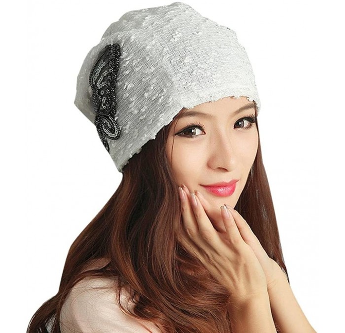 Skullies & Beanies Women Hat- Winter Women's Fashion Lace Sequins Snapback Ladies Turban Cap - White - C11868TLUCG $21.40