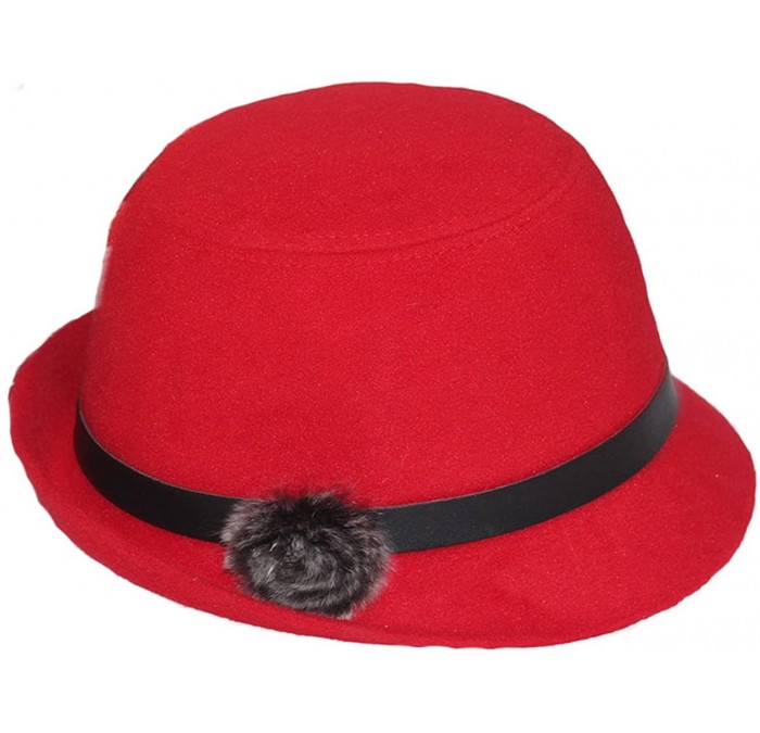 Bucket Hats Women Wool Felt Church Cloche Cap Bucket Top Hat Bowler Hats with Pompom Band - Red - CR1805W5ZD7 $10.69