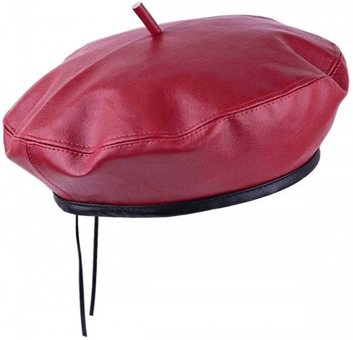 Berets Classic PU Leather French Beret Hat for Women- Adjustable Solid Color Artist Painter Cap - 1-red - CJ18YSSQ4EW $28.53