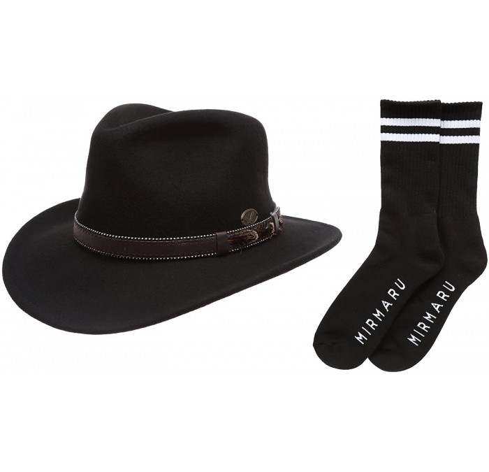 Fedoras Men's Premium Wool Outback Fedora with Faux Leather Band Hat with Socks. - He58-black - C012MYM2SC1 $72.27