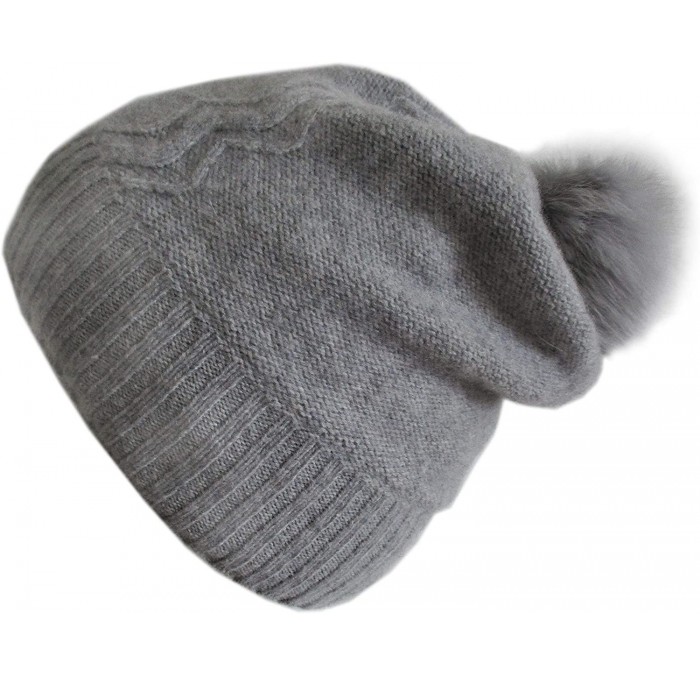 Skullies & Beanies Cashmere Fleece Lined Hat with Rabbit Fur Pom CSH1033R - Grey - C618KEUWLNX $83.59