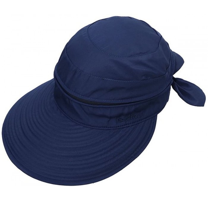 Sun Hats Womens Bow Sun Hats Large Brim Sun Visor Hat Dual Purpose Summer Beach Hat UV Travel Cap - Navy Blue - CB12J7GAYCH $...