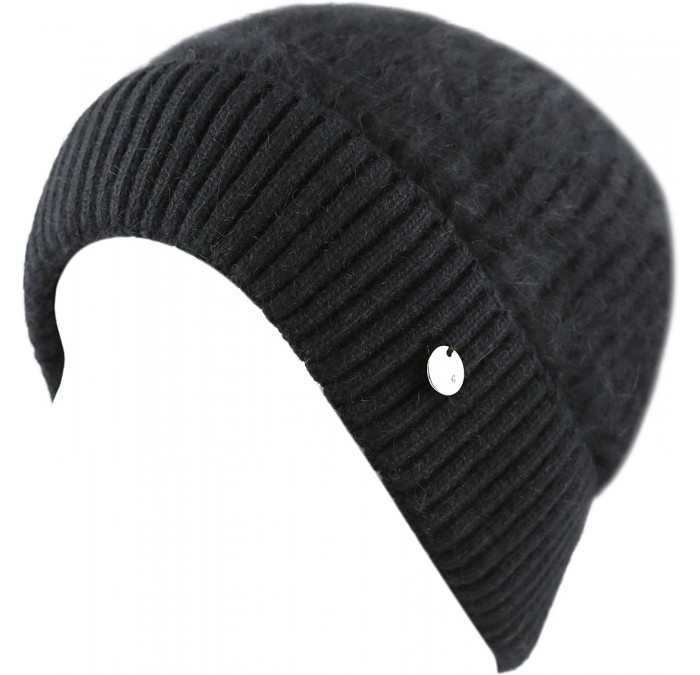 Skullies & Beanies Women's Rabbit Fur Cuff Knit Beanie Fleece Lined Skully Winter Hat - Black - CA12N3CSIC6 $19.67