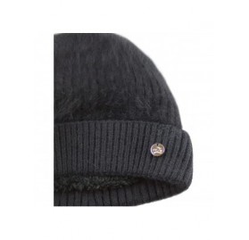 Skullies & Beanies Women's Rabbit Fur Cuff Knit Beanie Fleece Lined Skully Winter Hat - Black - CA12N3CSIC6 $19.67