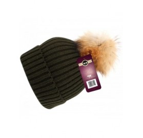 Skullies & Beanies Womens Girls Knitted Fur Hat Real Large Raccoon Fur Pom Pom Beanie Hats - Bn2356olive - CZ12OC17JT7 $10.15
