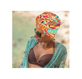 Skullies & Beanies 3 Pieces African Turban for Women Knot Pre-Tied Bonnet Beanie Cap Headwrap - Black Orange Pink Geometry - ...