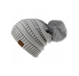 Skullies & Beanies Soft Winter Slouchy Beanie Cap for Women Chunky&Warm Cable Knit Ski Cap with Pom Pom.- Light Gray - C618Z6...