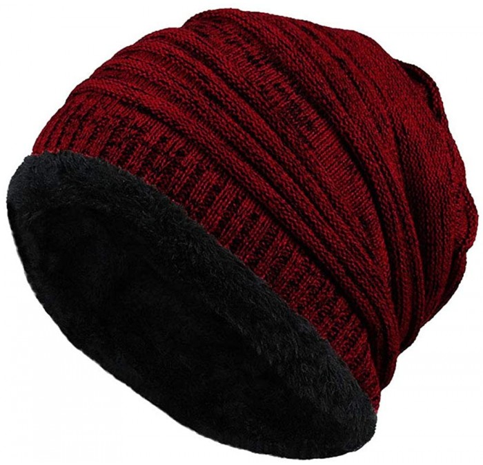 Skullies & Beanies Men Winter Skull Cap Beanie Large Knit Hat with Thick Fleece Lined Daily - O - Wine Red - C218ZGRRHLS $27.74