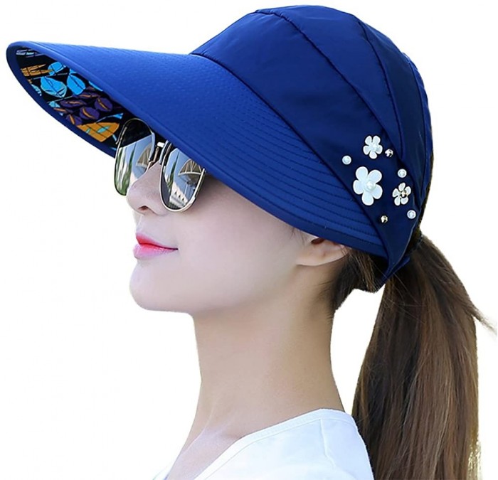 Sun Hats Sun Hats for Women Wide Brim UV Protection Summer Beach Visor - Ornaments-blue - CF18EWILZSY $23.33