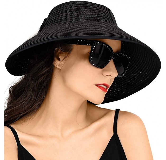 Sun Hats Straw Hats for Women- Foldable Sun Hat UPF 50+ Wide Brim Beach Hat - Black - CB18U7DMYLY $10.91